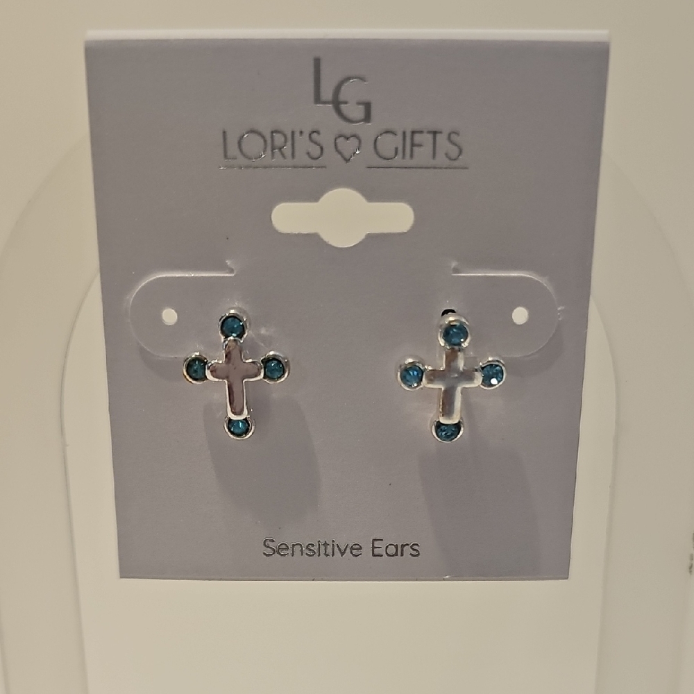 LG Blue Crystal Cross Stud Earrings